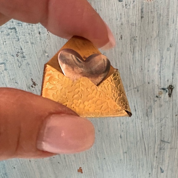 Gold-tone embossed metal envelope pin & a silver heart going into the envelope - Picture 5 of 8
